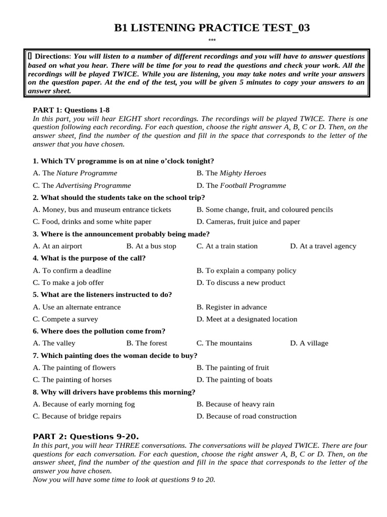 B1 Listening Practice Test 03 Pdf