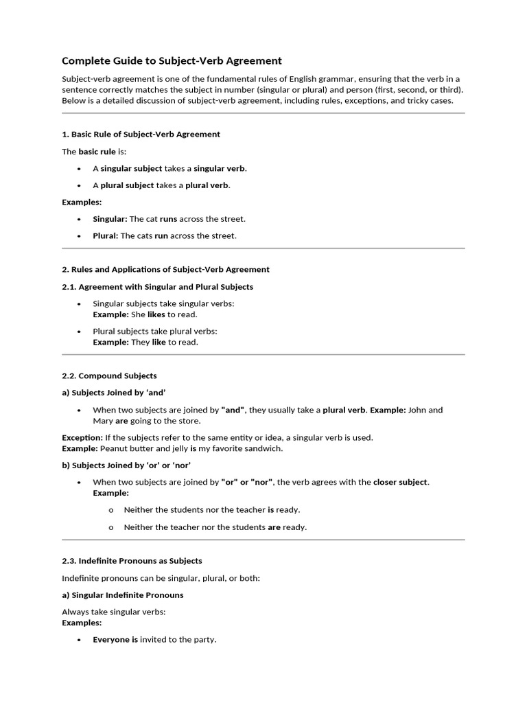 Subject-Verb Agreement Explained | PDF | Grammatical Number | Subject ...