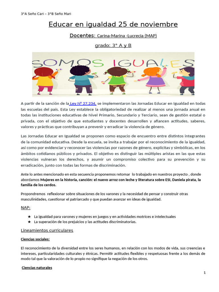 Jornadas Educar en Igualdad: 3° A y B | PDF | Igualdad de género ...