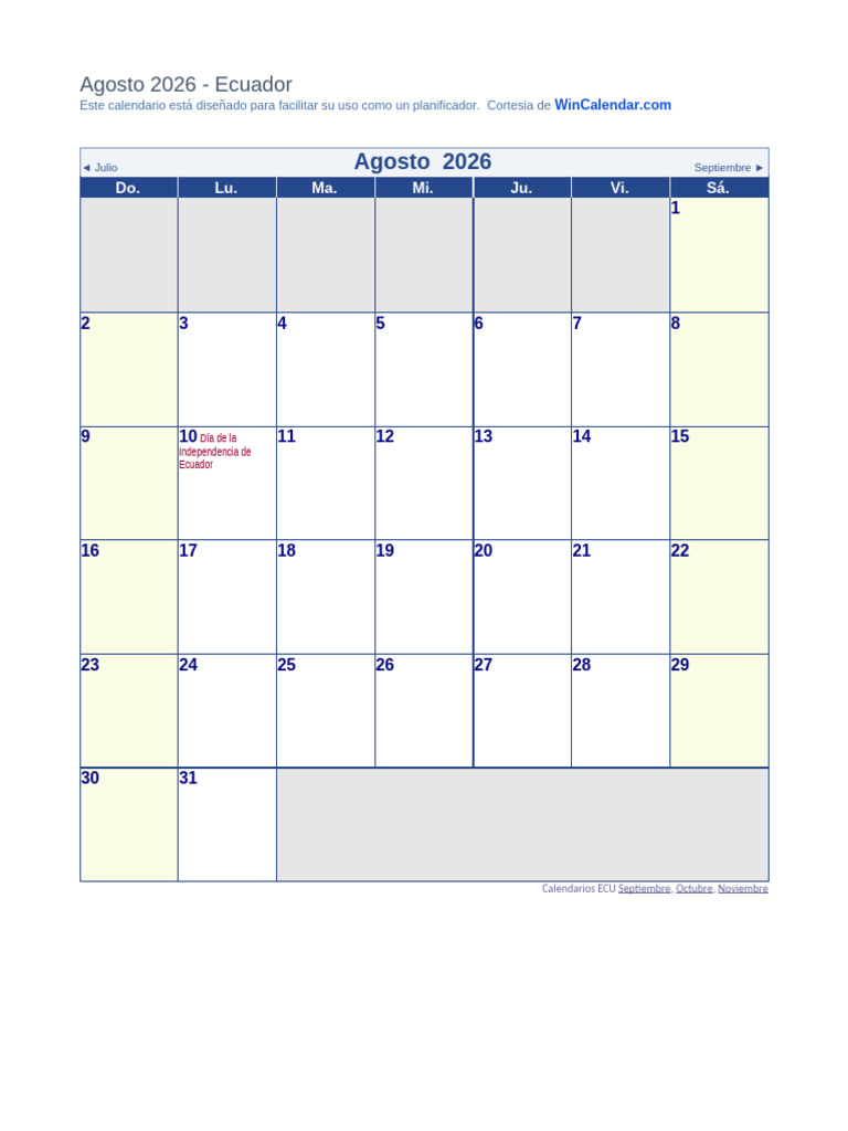 Calendario de agosto 2026 en Ecuador | PDF