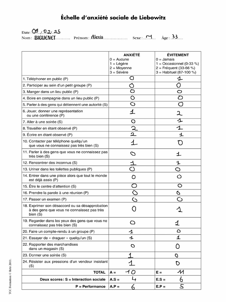Questionnaire Échelle Anxiété Sociale - Liebowitz | PDF