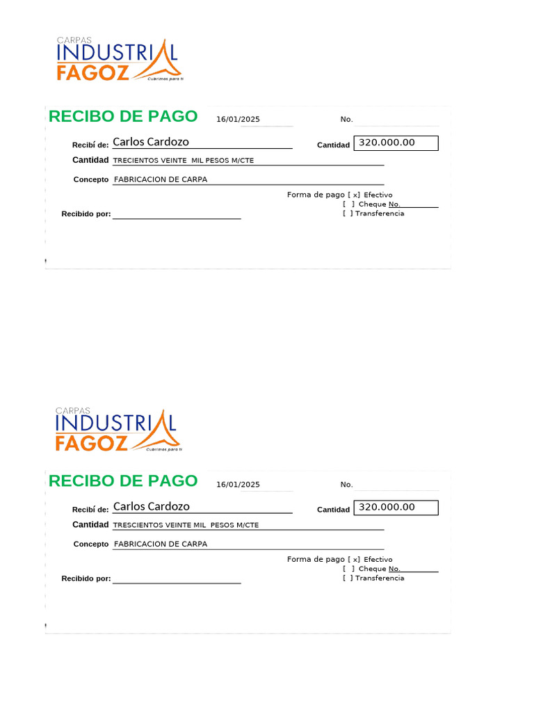 Recibo de Pago por Fabricación de Carpa | PDF