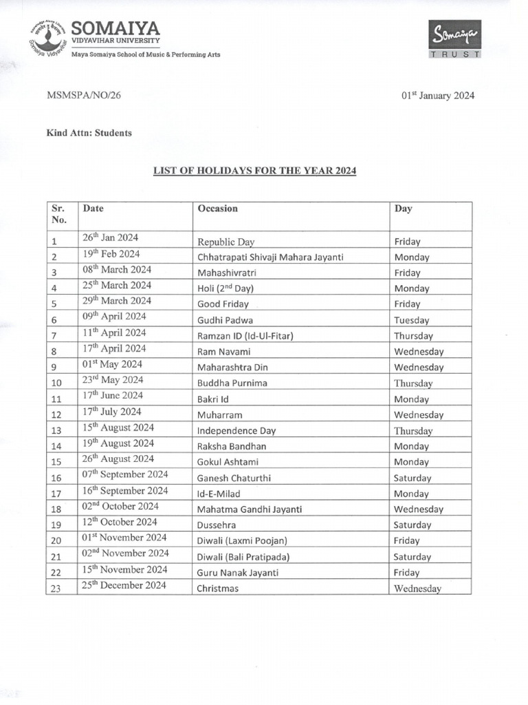 Holiday List 2024 | PDF