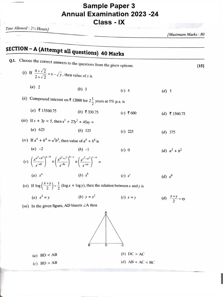 Class IX Mathematics Practice Paper | PDF | Area | Euclid