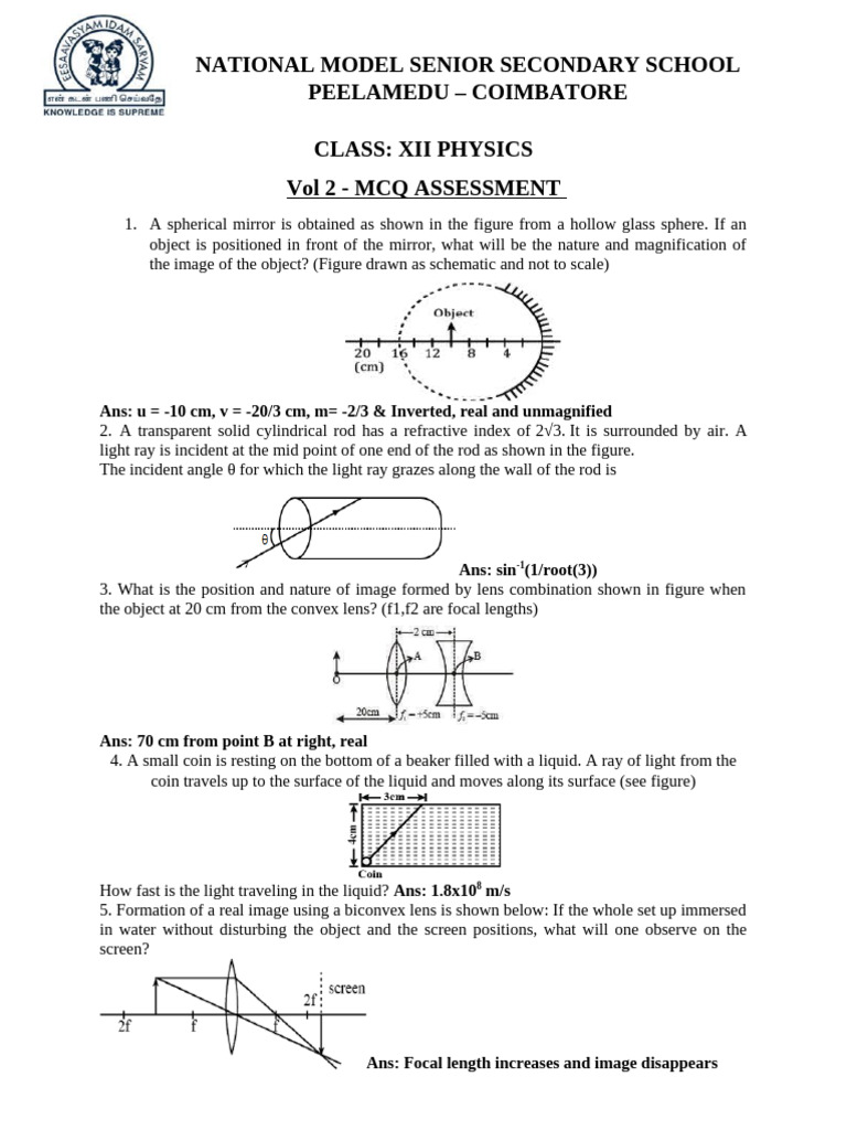 Class XII Physics MCQ Assessment Guide | PDF | Wavelength | Diffraction
