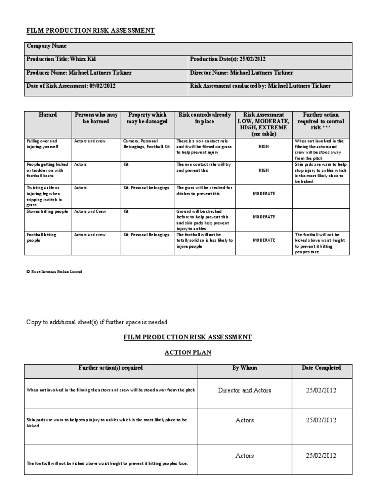 Risk Assesment Sheet | Filmmaking | Safety