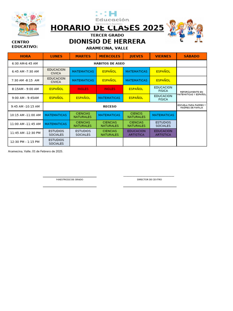 Horario Clases Tercer Grado 2025 | PDF