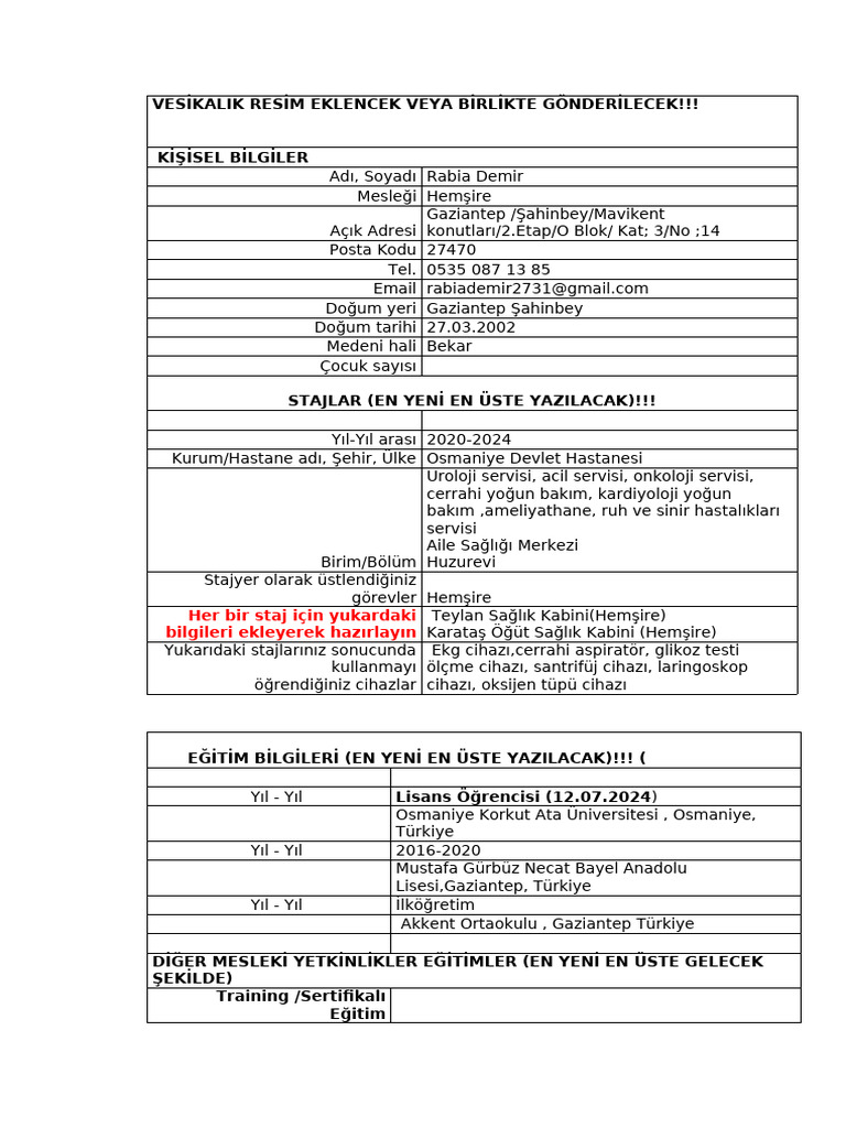 Rabia ozgecmis formati ogrenci 1 1 2 pdf