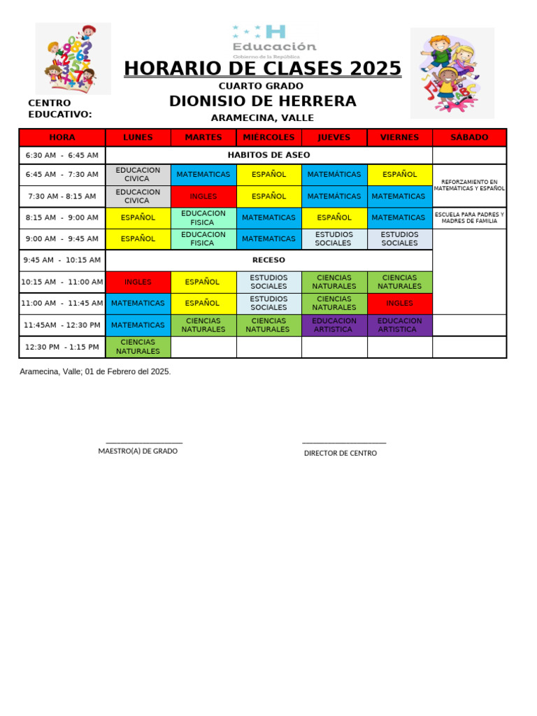 Horario Clases Cuarto Grado 2025 | PDF