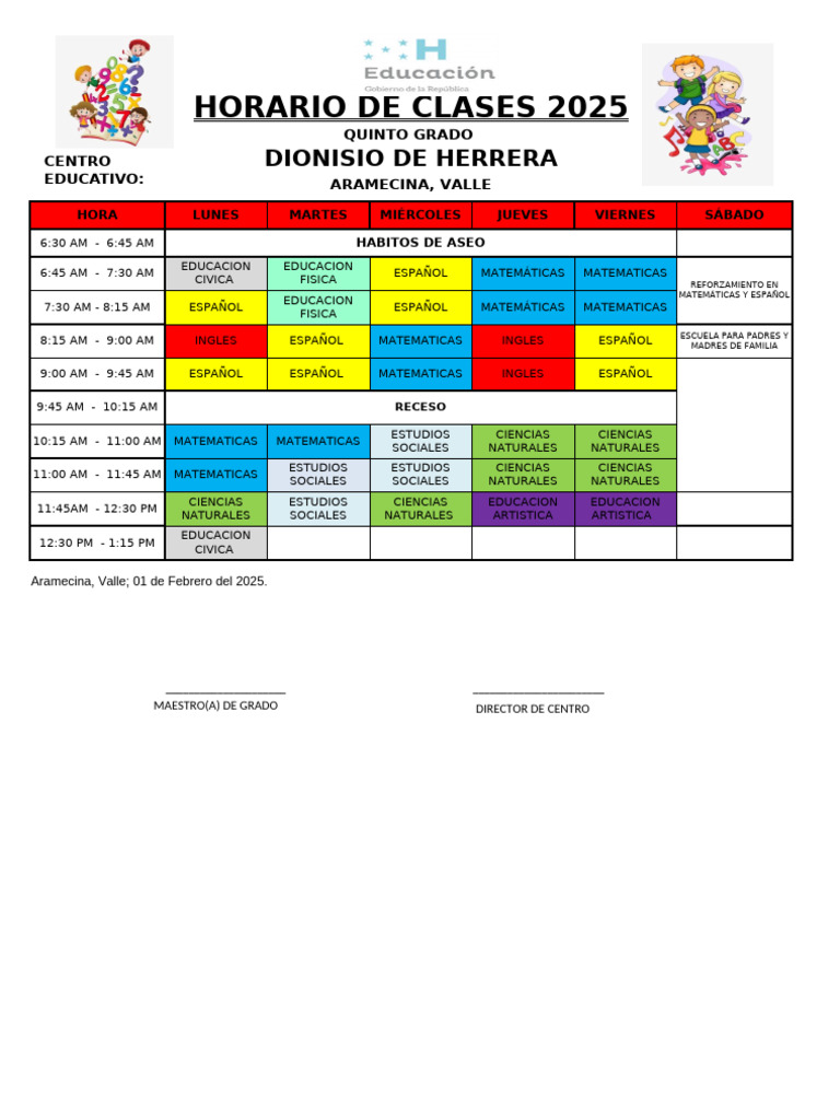 Horario Clases Quinto Grado 2025 | PDF