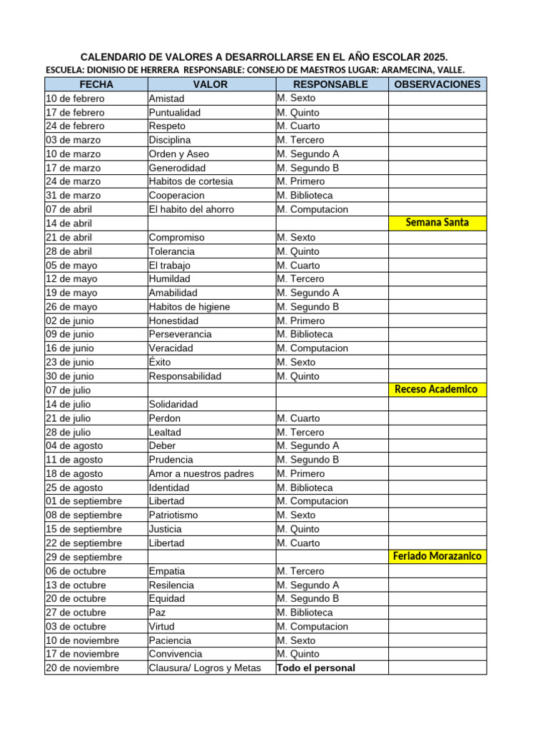 Calendario de Valores Escolar 2025 | PDF