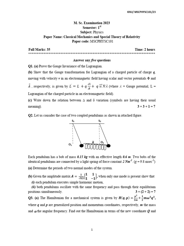 Classical Mechanics Exam Paper 2023 | PDF | Gauge Theory | Lagrangian ...