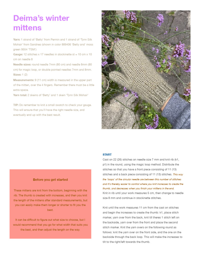 Deima's Winter Mittens (Engelsk) | PDF | Knitting | Yarn
