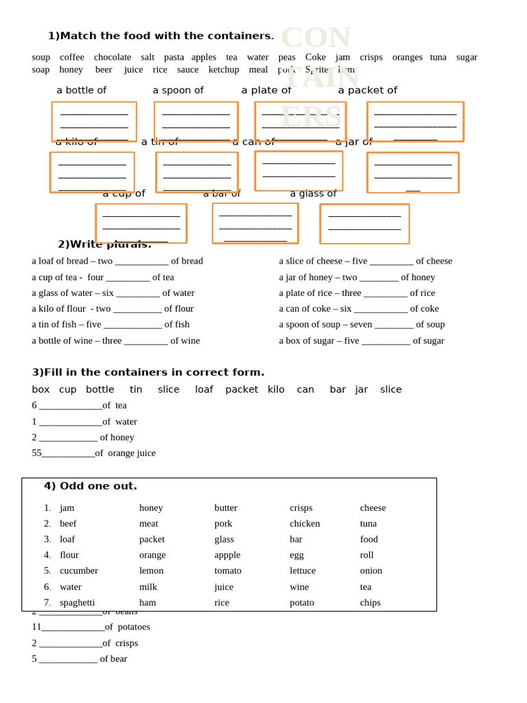 Food Containers and Plurals Exercise | PDF | Potato Chip | Foods