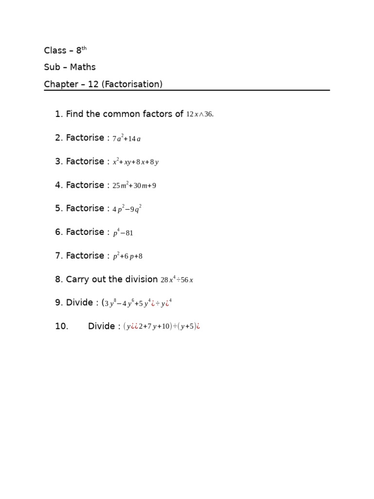 8th Grade Maths: Factorisation Exercises | PDF