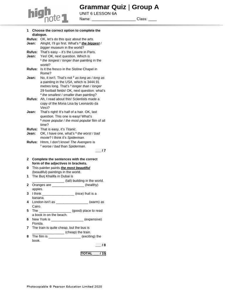 HighNote1 Grammar Quiz Unit06A GroupA | PDF