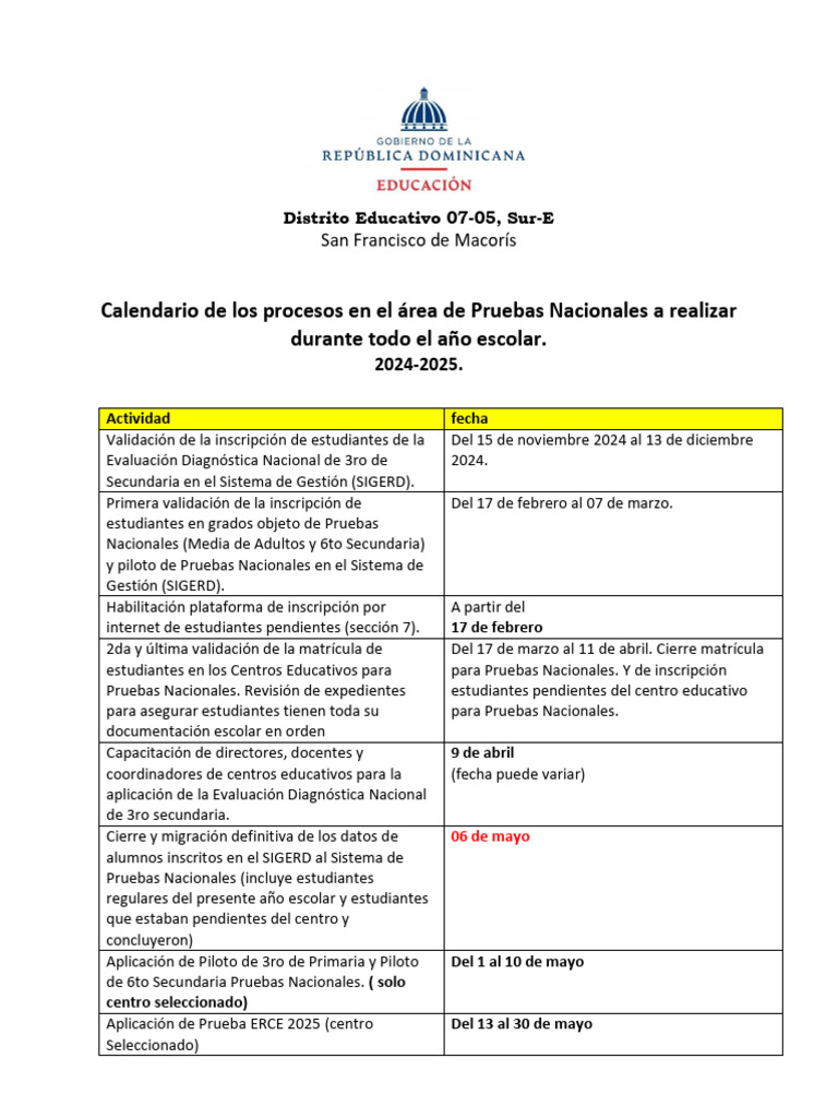 Calendario de Actividades de Pruebas Nacionales Centros Educativos 2024 ...