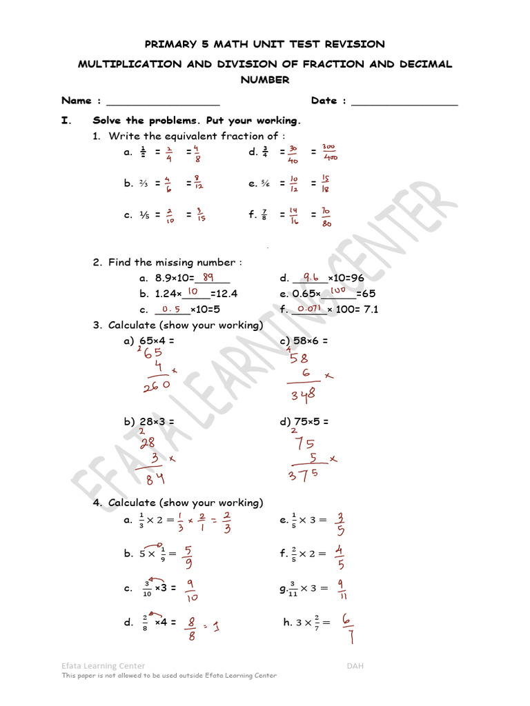 Primary 5 Math Test: Fractions & Decimals | PDF | Numbers | Elementary ...