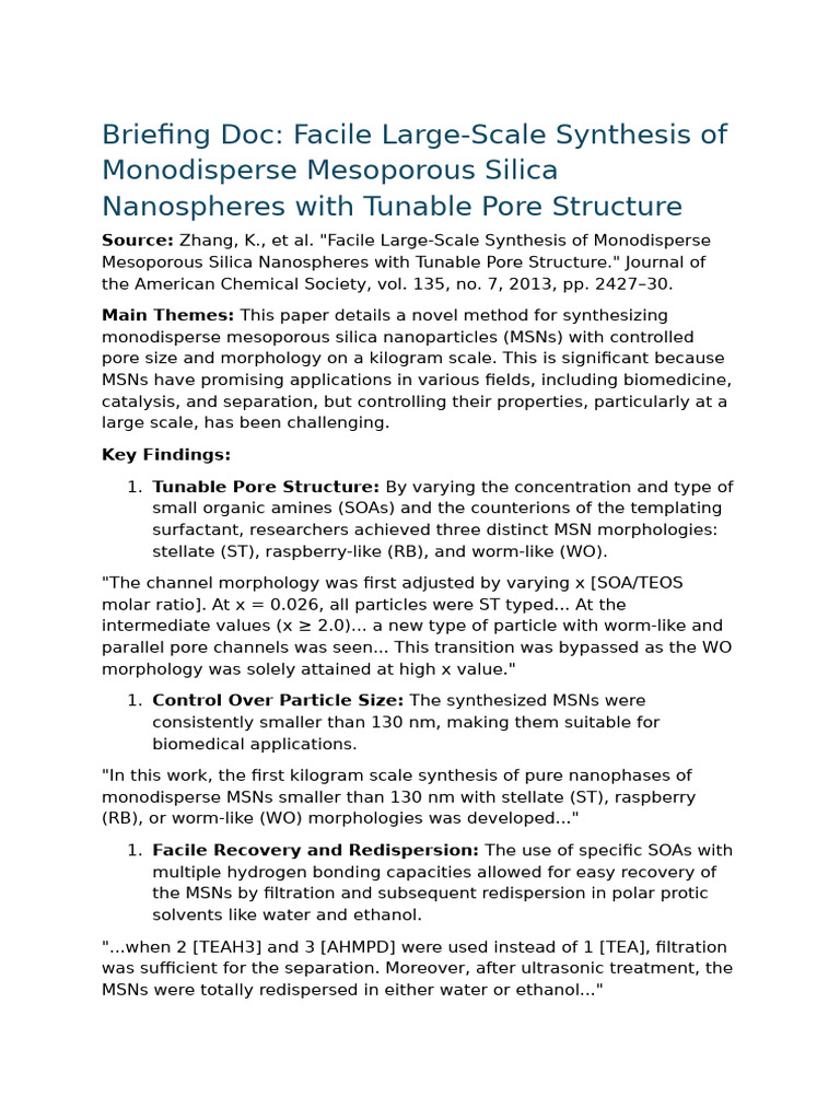 Briefing Doc: Facile Large-Scale Synthesis of Monodisperse Mesoporous ...