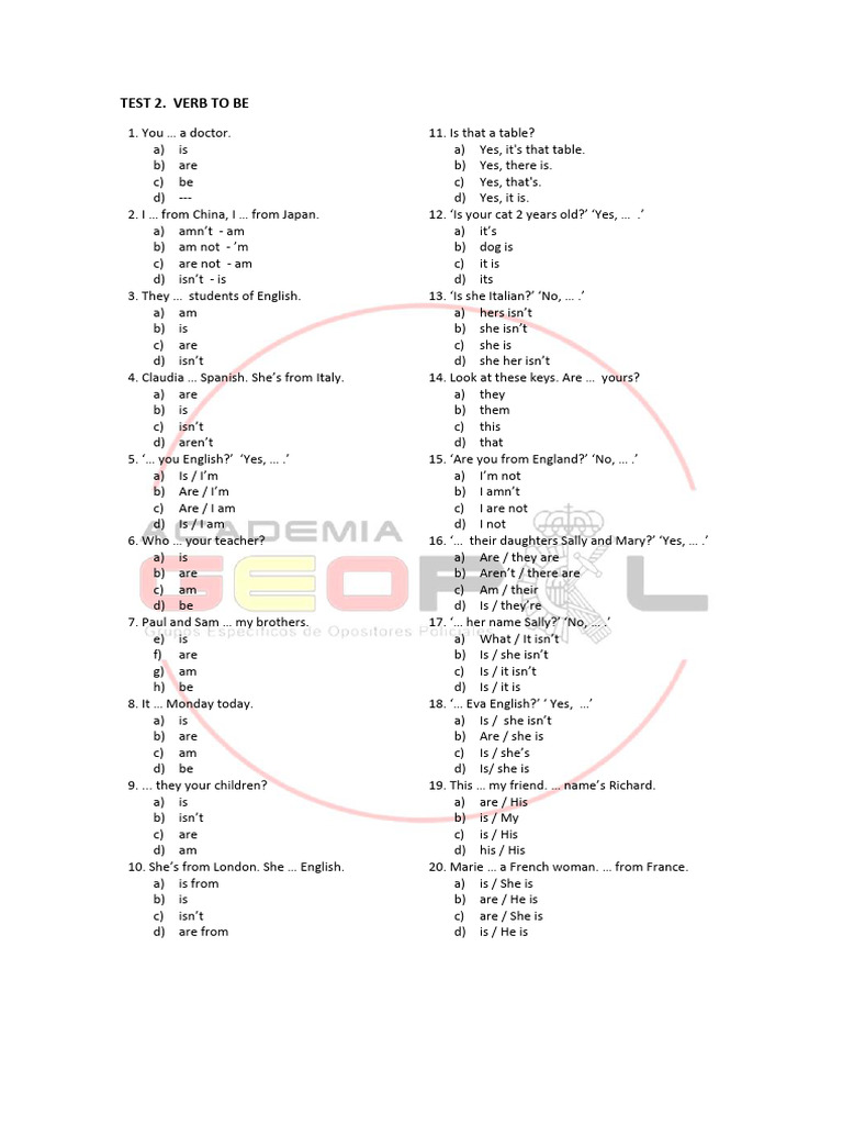 TEST 2. Verb To Be. 2 | PDF | Linguistics