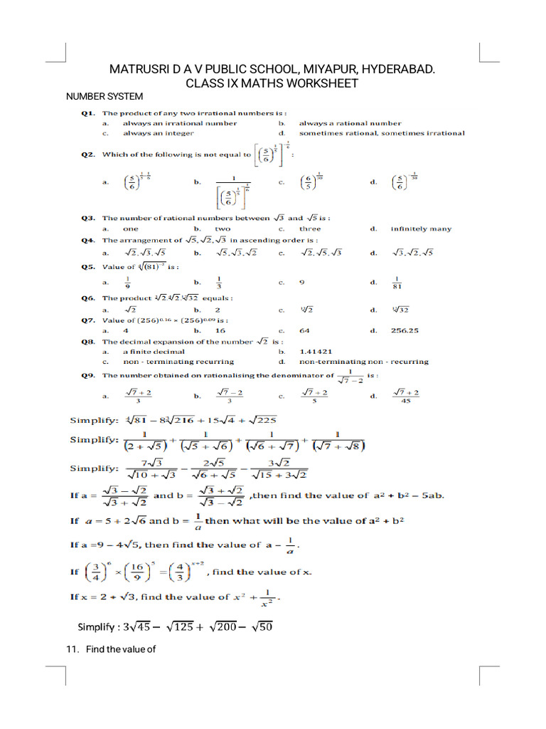Class IX Maths Worksheets: Number Systems & Equations | PDF | Cartesian ...