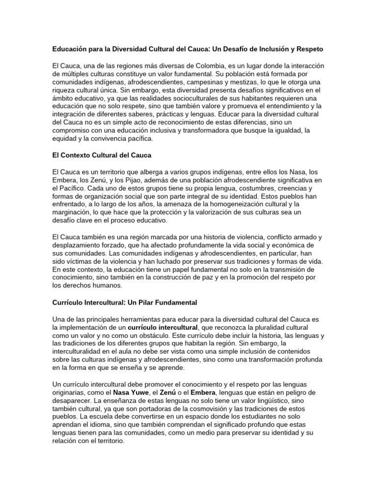 Educación para La Diversidad Cultural Del Cauca | PDF | Plan de ...