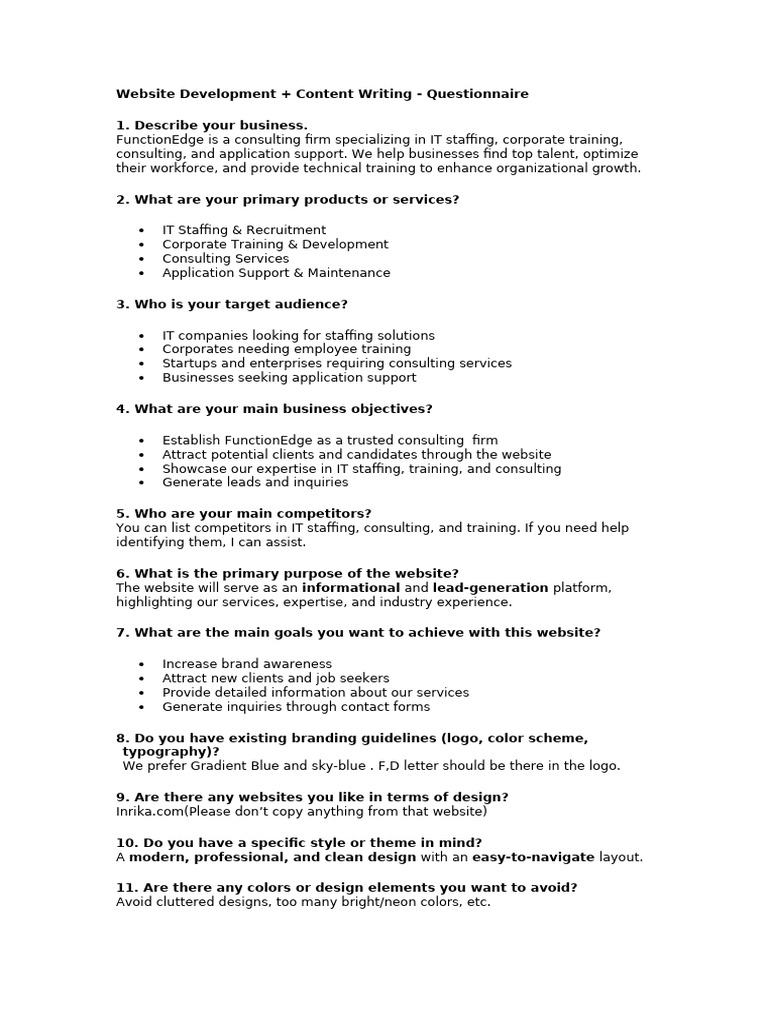 Website Development + Content Writing - Questionnaire | PDF | Search ...