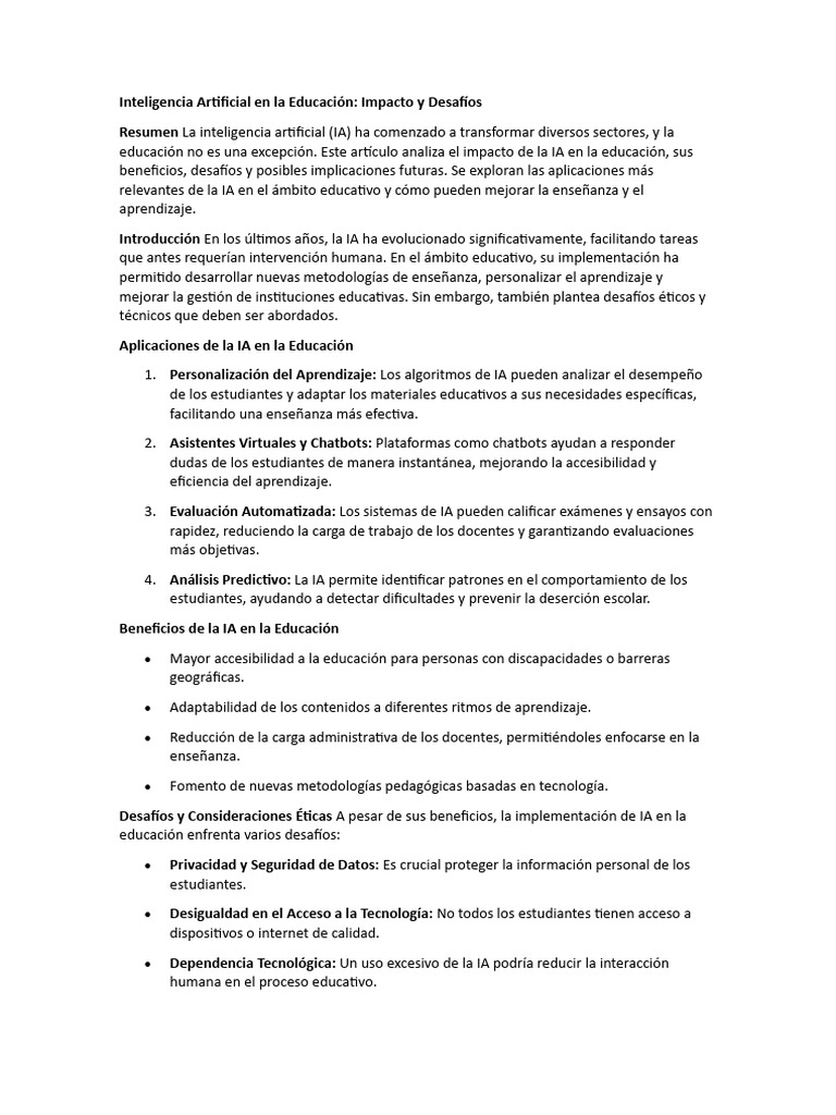 Impacto de la IA en la Educación | PDF | Inteligencia artificial ...