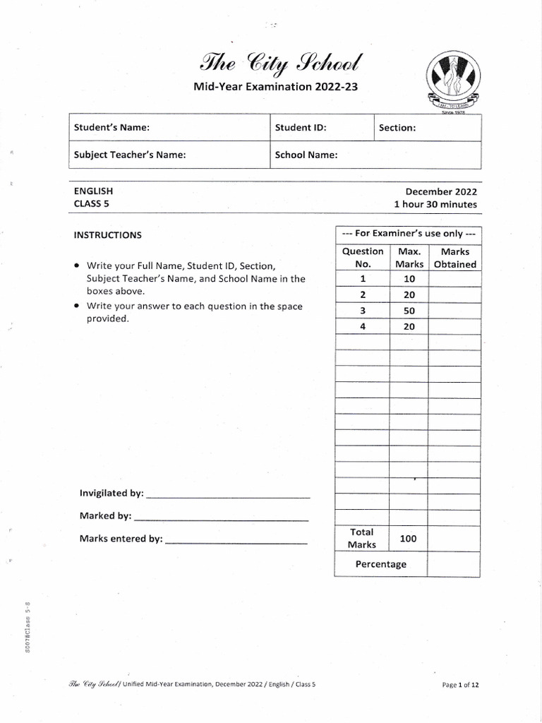 Class 5 English Mid-Year Exam 2022-23 | PDF | Linguistics | Language ...