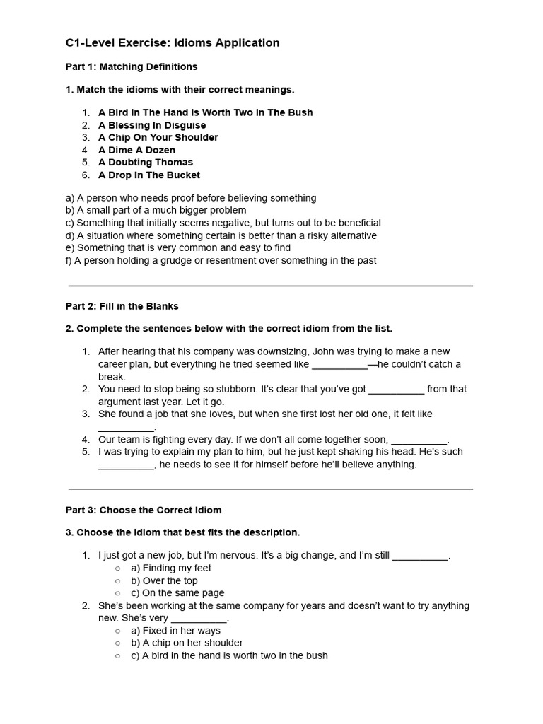 C1 Idioms Practice Exercises | PDF