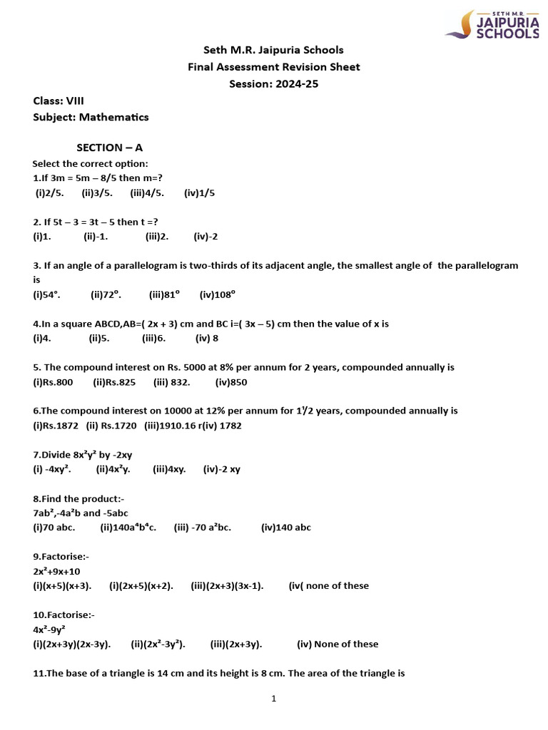 Class VIII Math Revision Guide | PDF | Area | Cartesian Coordinate System