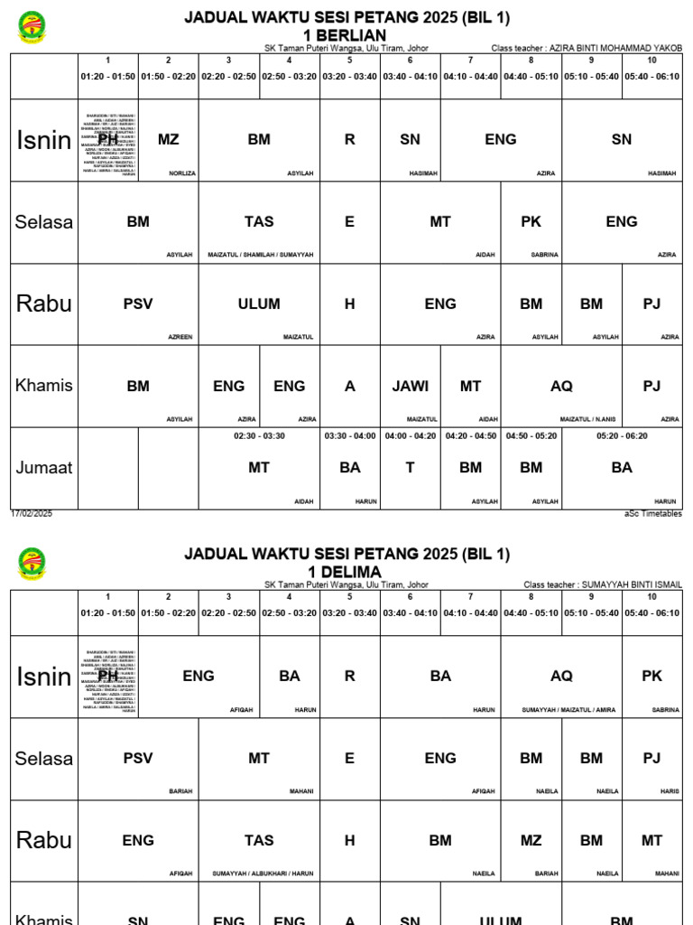 Jadual Waktu Sekolah 2025 | PDF