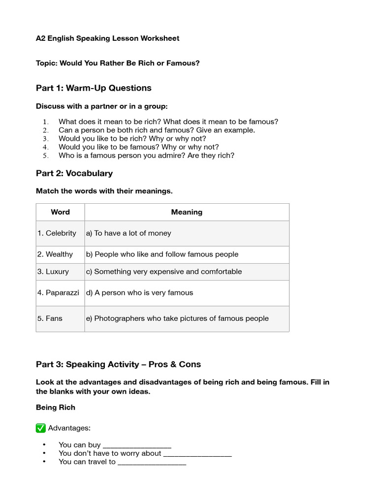 Rich vs. Famous: A2 English Lesson | PDF