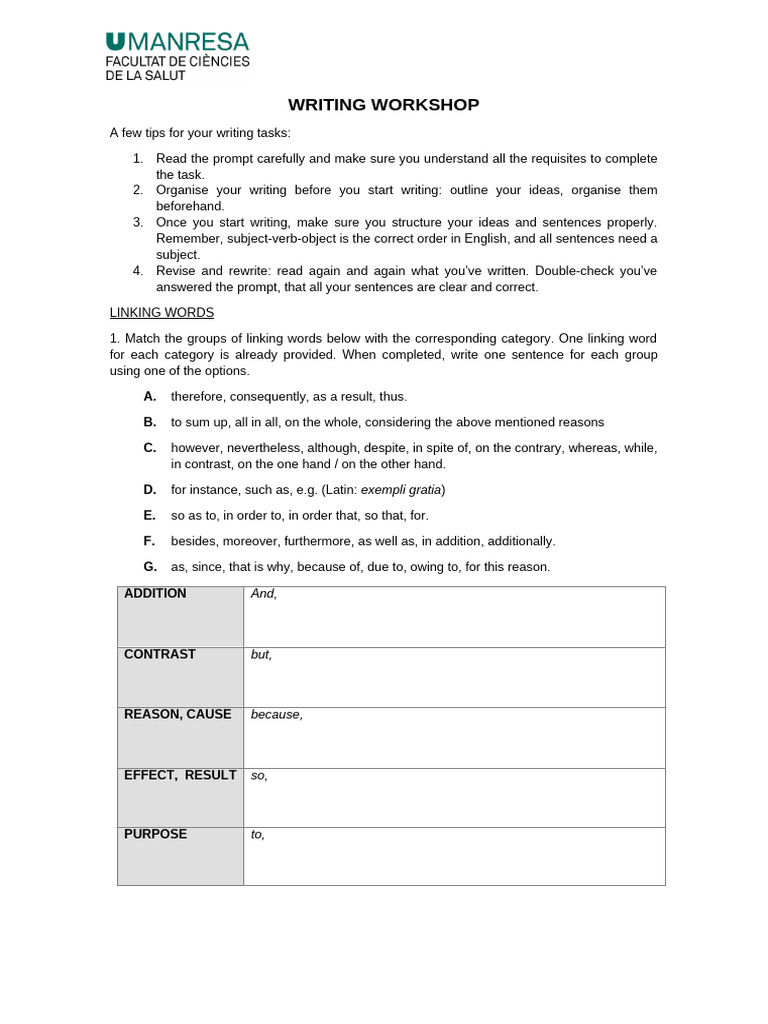 Writing Workshop: Tips and Linking Words | PDF | Pain | Diseases And ...
