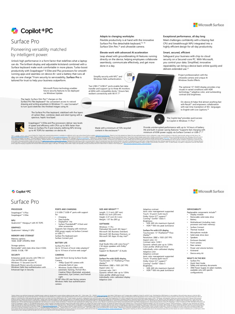 PC Surface Pro Copilot Plus X Elite 16 512go Fiche Technique 1 | PDF ...