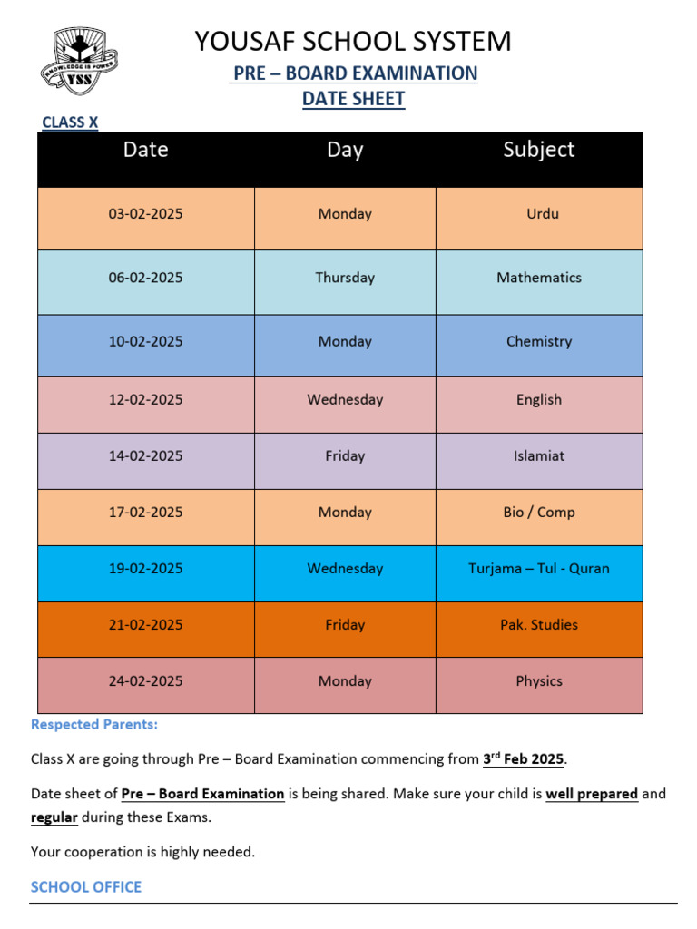 Class X Pre-Board Exam Schedule 2025 | PDF