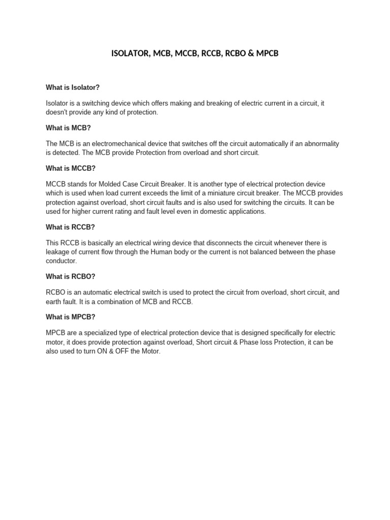 MCB, Isolator, RCCB, RCBO Overview | PDF