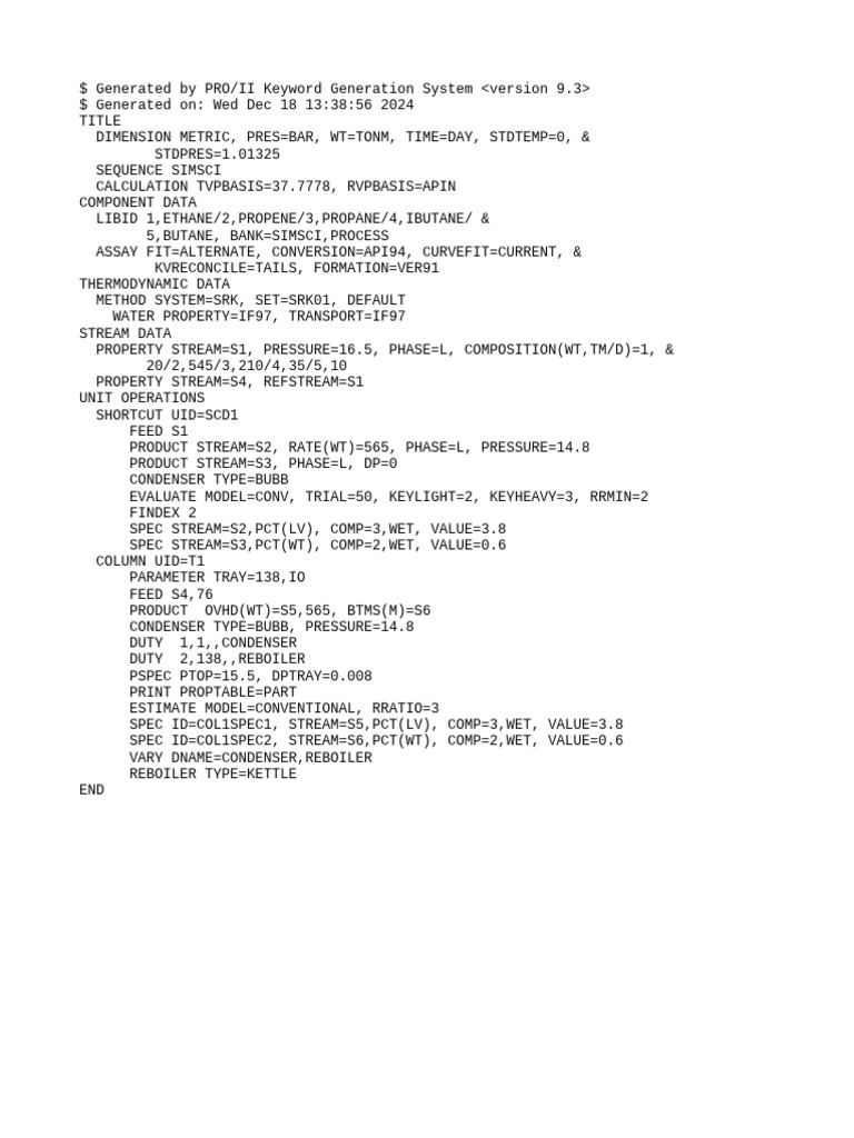 PRO/II Simulation Input Data Summary | PDF | Liquids | Distillation