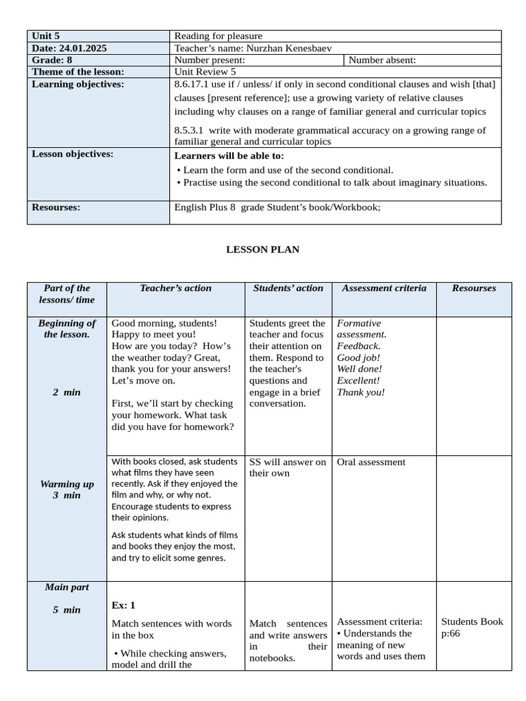 Second Conditional Lesson Plan for Grade 8 | PDF | Learning | Linguistics