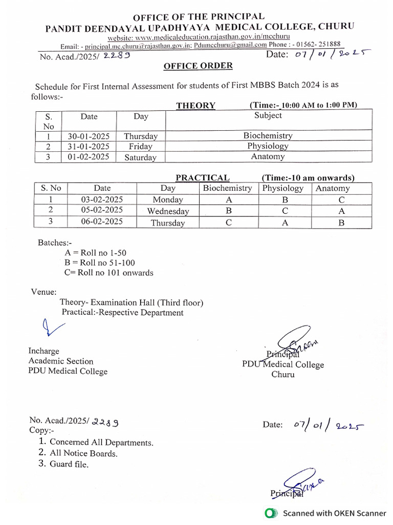 2289 - Schedule for First Internal Assessment 2024 बैच | PDF