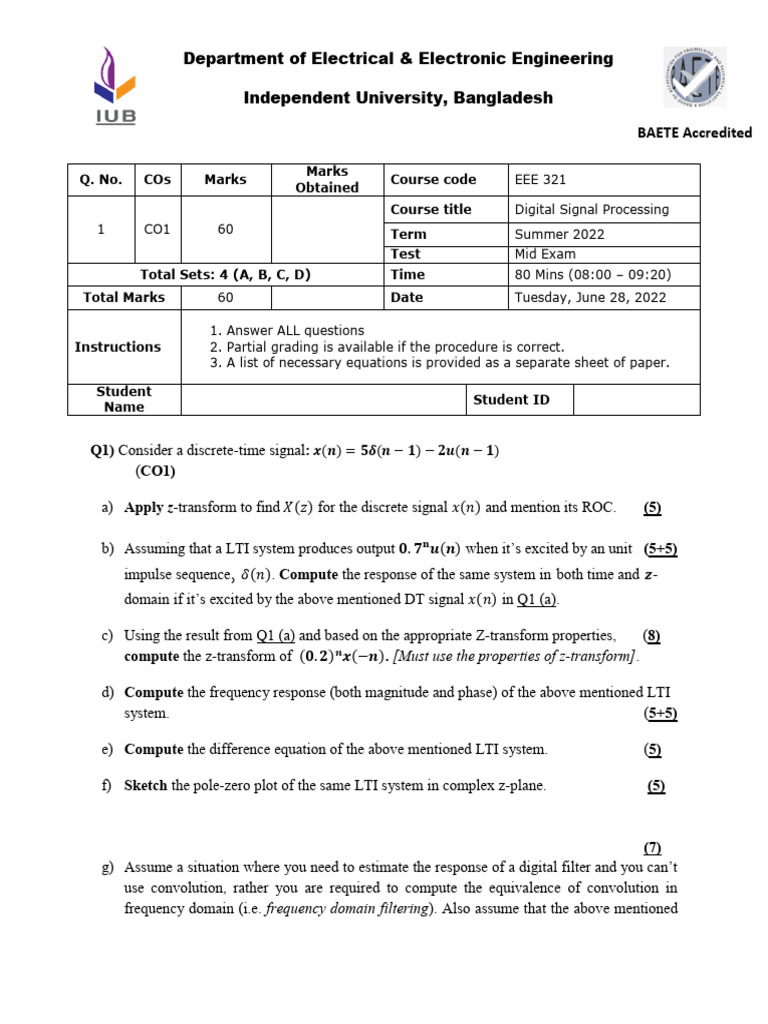 Digital Signal Processing Mid Exam 2022 | PDF | Filter (Signal ...