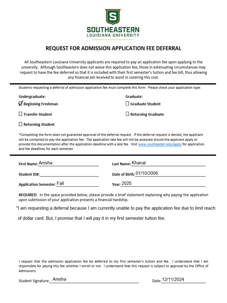 Application Fee Deferral Request Form | PDF