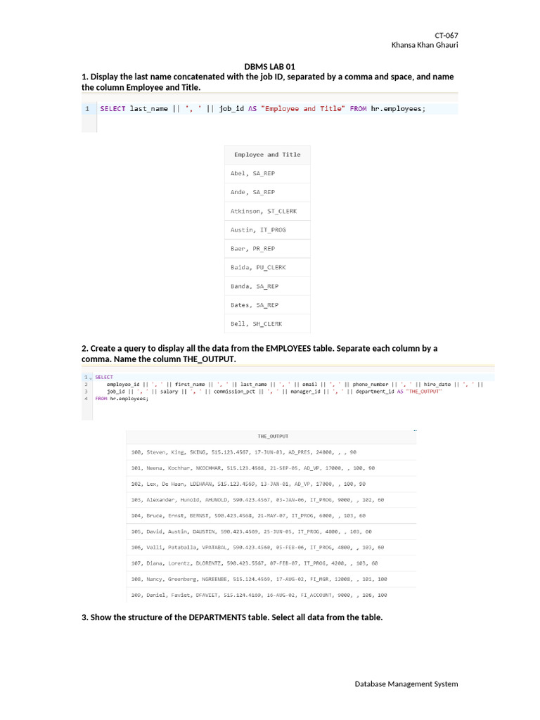 DBMS Lab Queries and Exercises Guide | PDF | Databases | Table (Database)