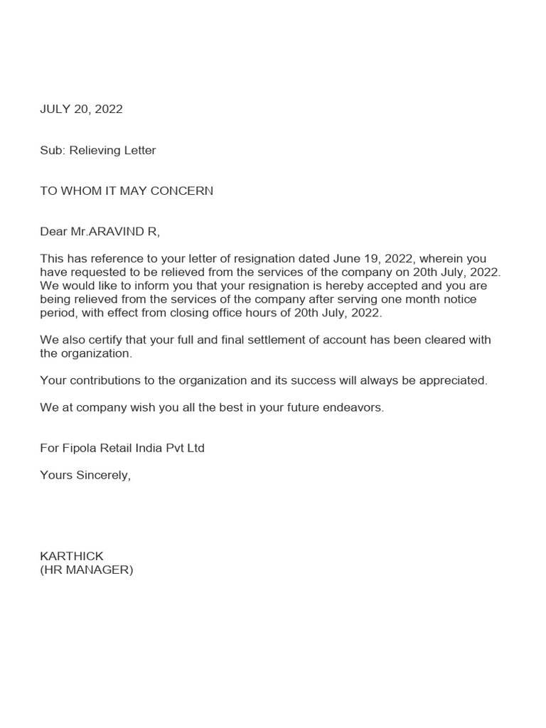 Relieving Letter for Mr. Aravind R | PDF