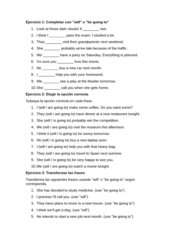Will vs Be Going To Exercises | PDF