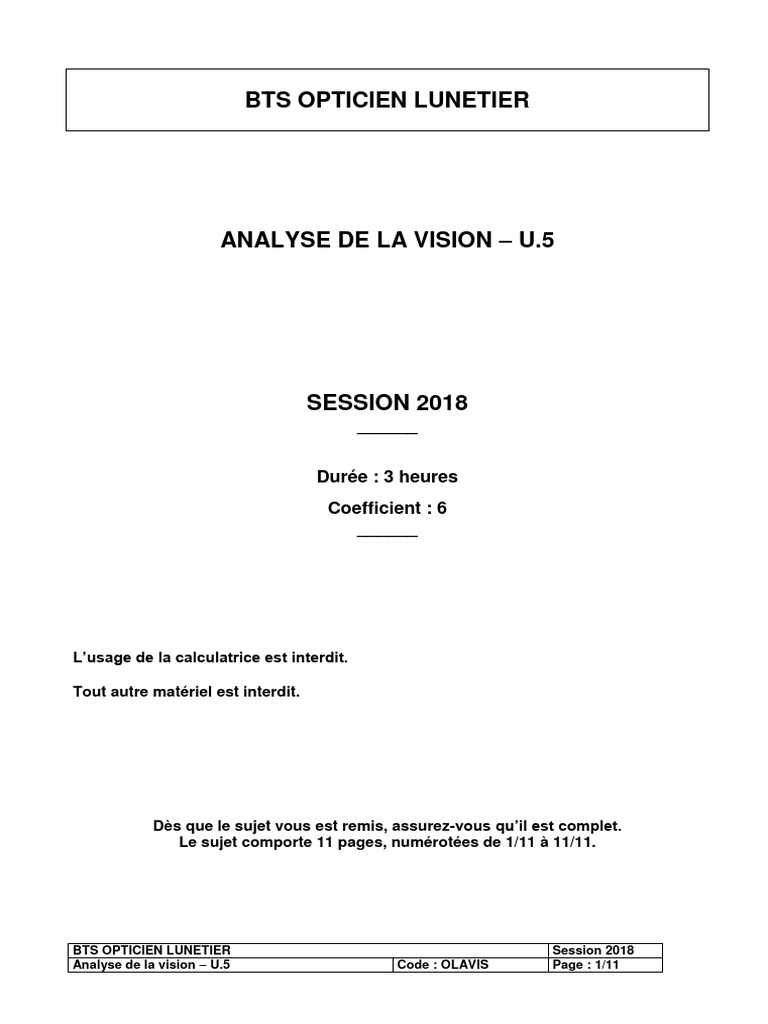 Analyse De La Vision BTS Opticien 2018 PDF Myopie Ophtalmologie