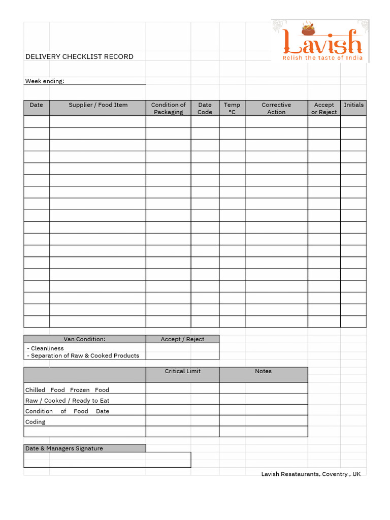 Food Delivery Quality Checklist | PDF