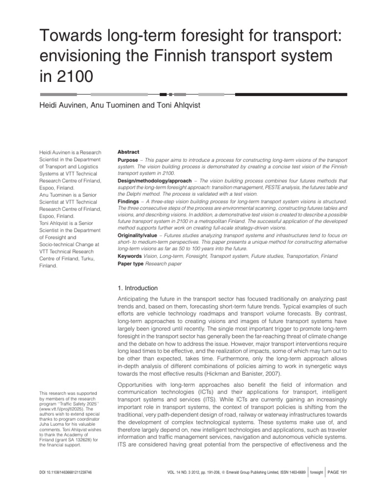 Towards Long Term Foresight For Transport - Envisioning The Finnish ...