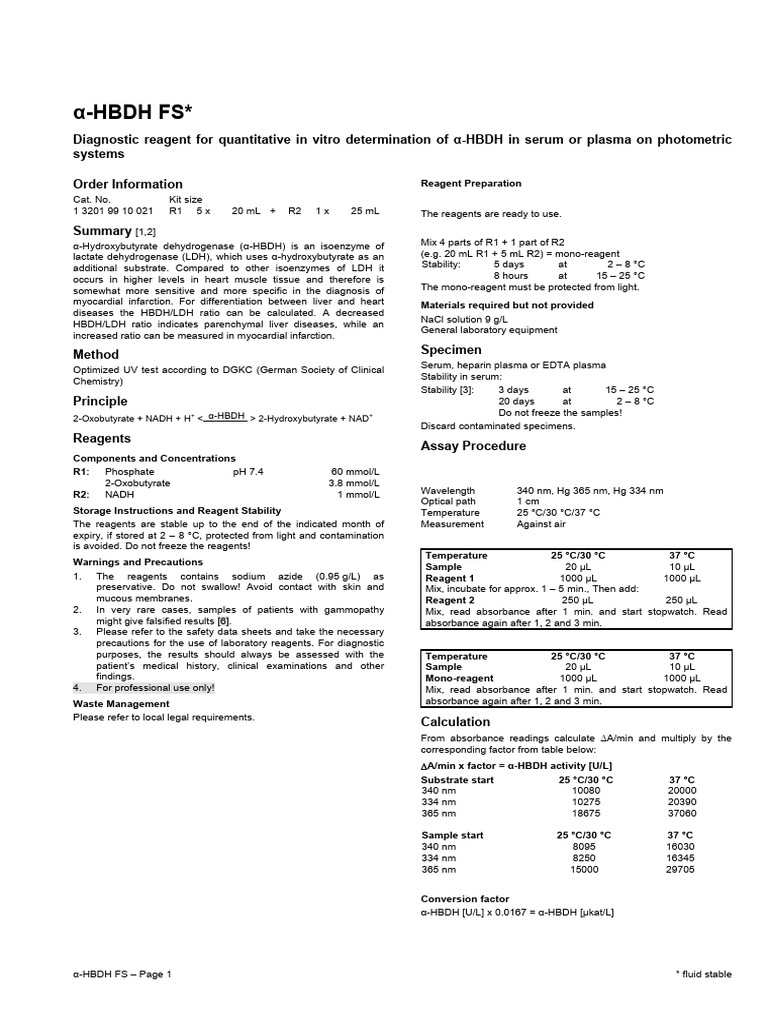 α-HBDH Diagnostic Reagent Overview | PDF | Lactate Dehydrogenase