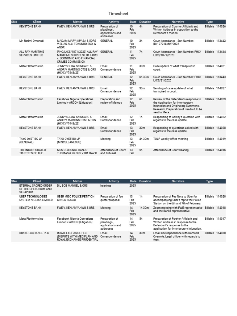 Legal Timesheet for February 2025 | PDF | Justice | Crime & Violence